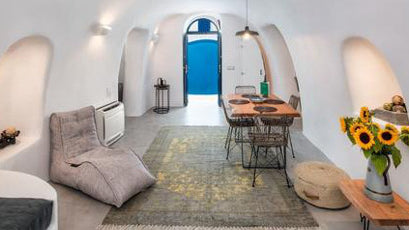 Alexi’s Place (Santorini) adds the designer touch. Ambient Lounge's soft makeover to unique AirBnb accommodation.